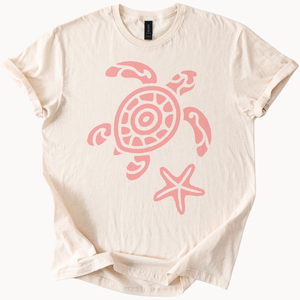 Sea Turtle Starfish Graphic Tee Marine Line Art Design